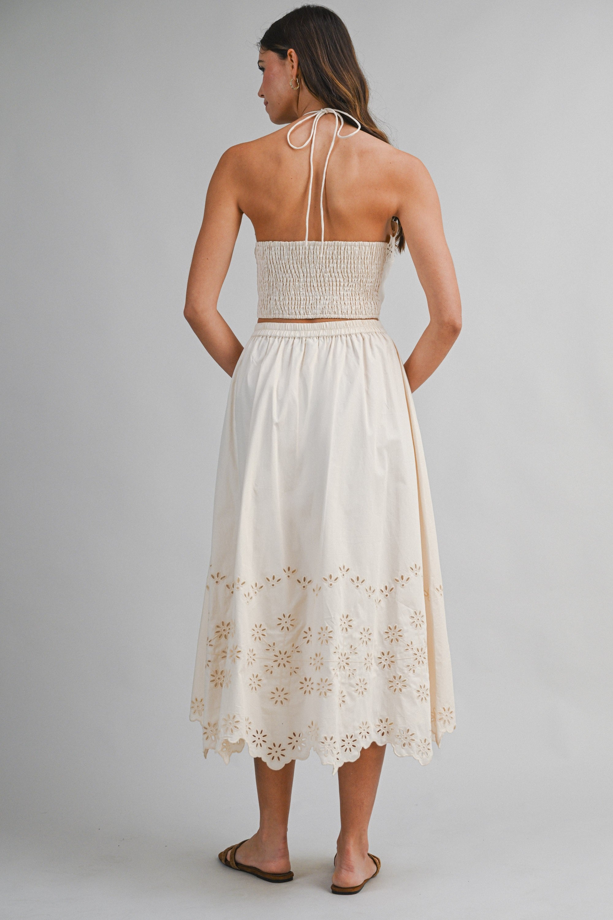 Cassie Eyelet Embroidered Halter Top & Midi Skirt Set