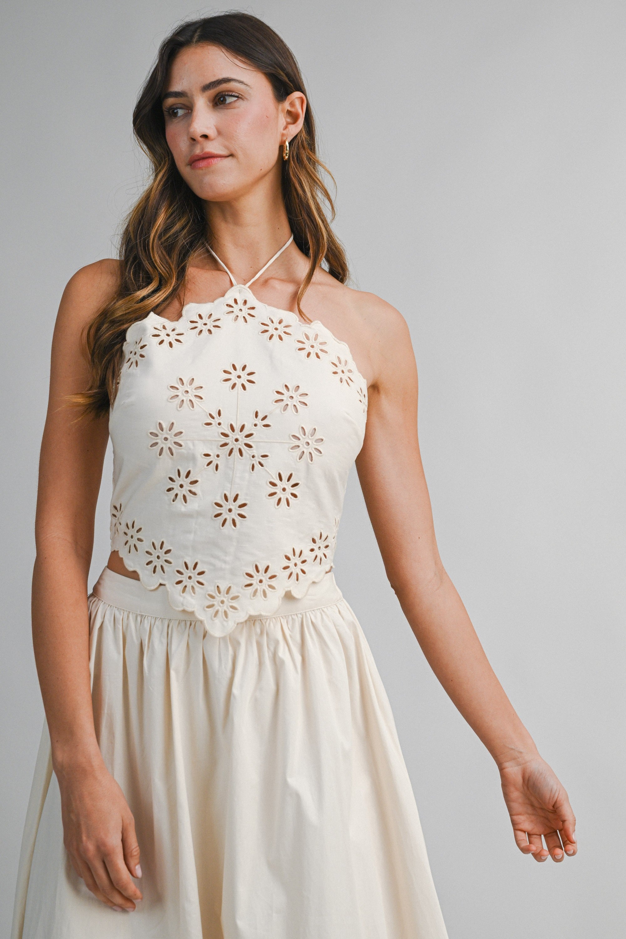 Cassie Eyelet Embroidered Halter Top & Midi Skirt Set