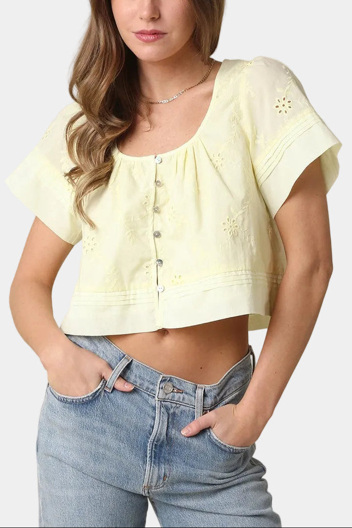 Elaine Flutter Sleeve Cropped Top in Butter