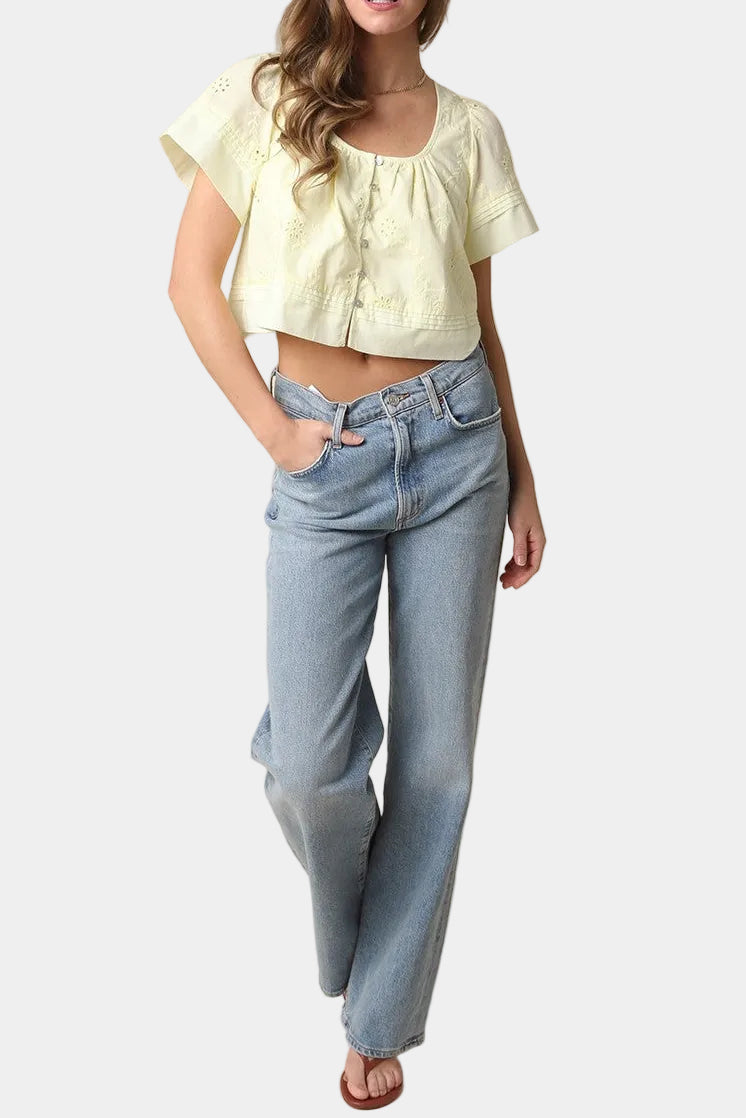 Elaine Flutter Sleeve Cropped Top in Butter