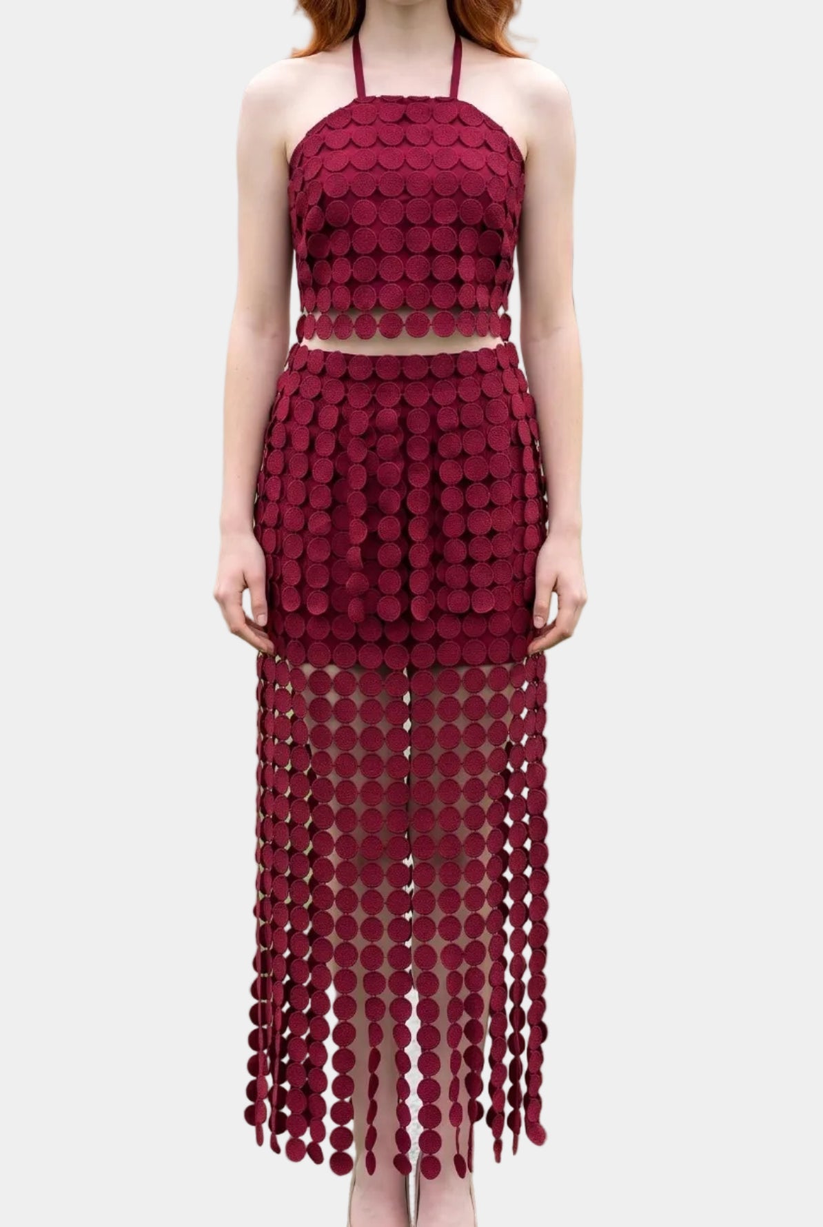 Dylan Dot Lace Halter Top & Sheer Maxi Skirt Set in Maroon