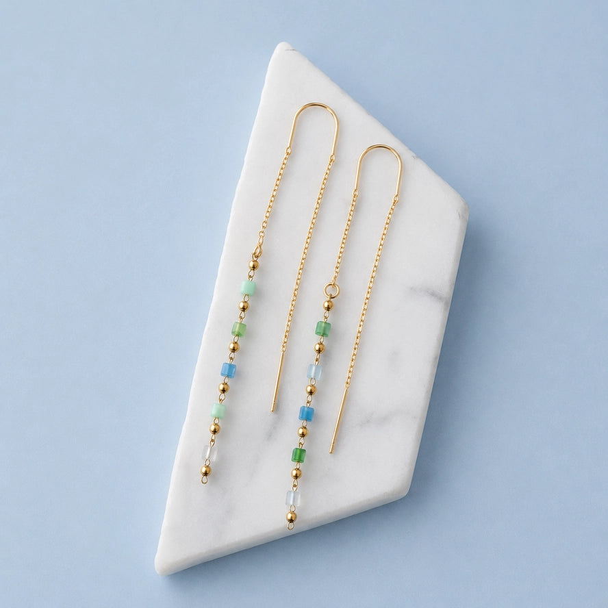 Mesa Blue Pearlized Beaded Threader Earrings in Pearlized Blue & Green