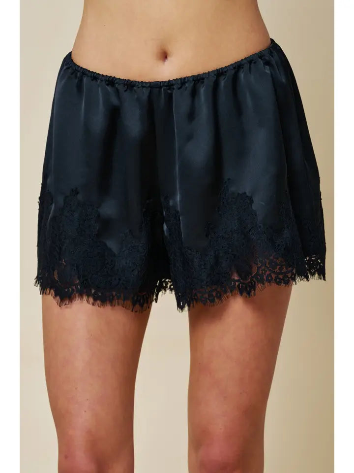 Daden Satin Lace Trim Shorts in Black