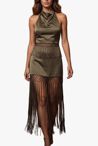 Jayden Fringe Satin Top & Maxi Skirt Set in Olive