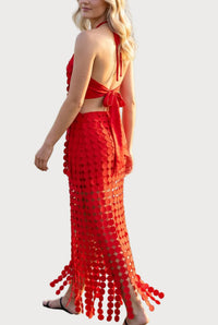 Dylan Dot Lace Halter Top & Sheer Maxi Skirt Set in Red