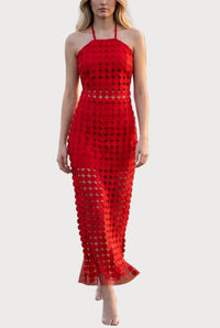 Dylan Dot Lace Halter Top & Sheer Maxi Skirt Set in Red