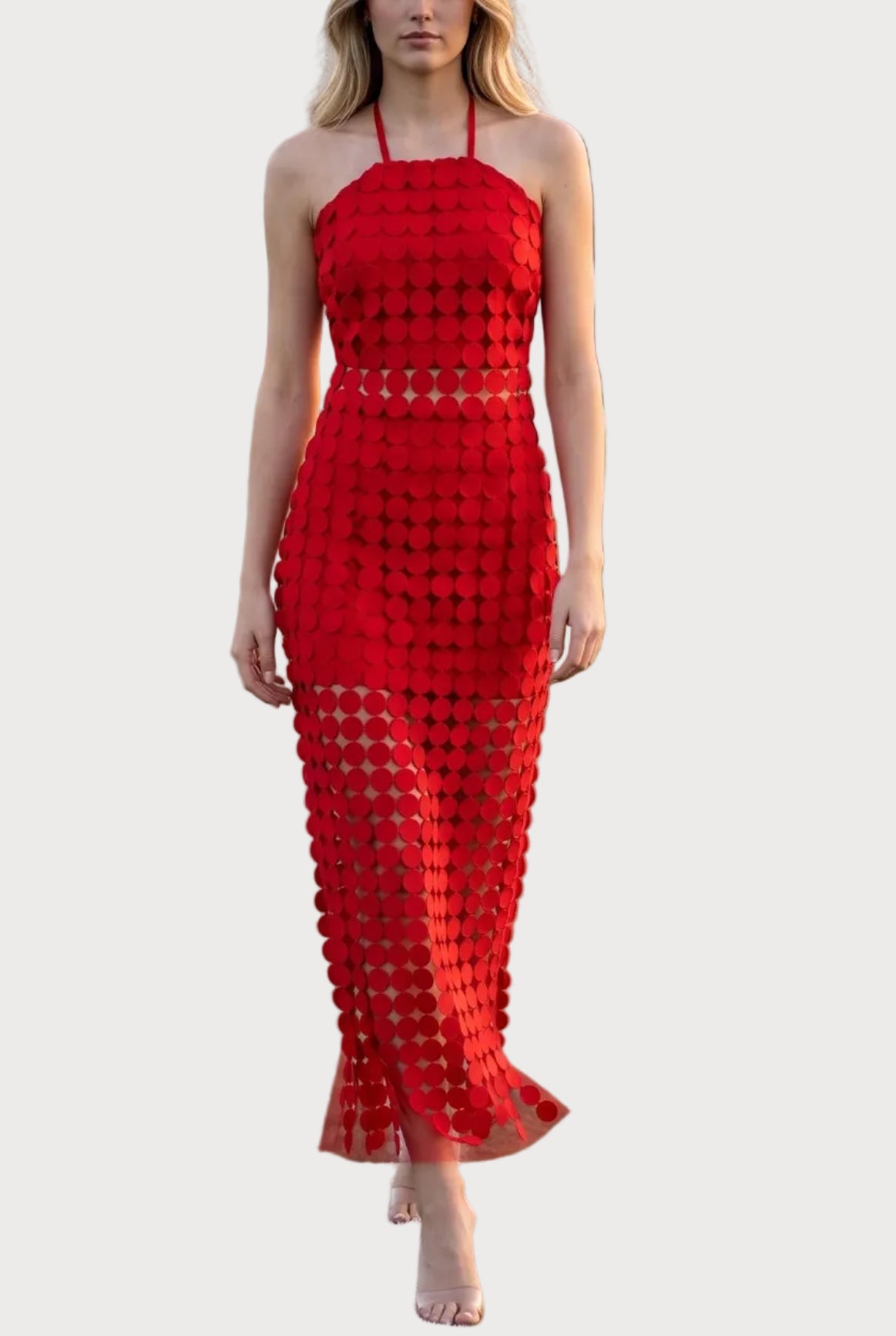 Dylan Dot Lace Halter Top & Sheer Maxi Skirt Set in Red