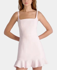 French Connection Whisper Square Neck Frill Hem Mini Dress in Pink Icing