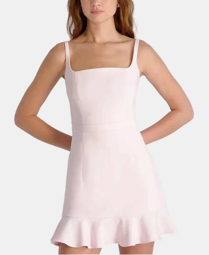 French Connection Whisper Square Neck Frill Hem Mini Dress in Pink Icing