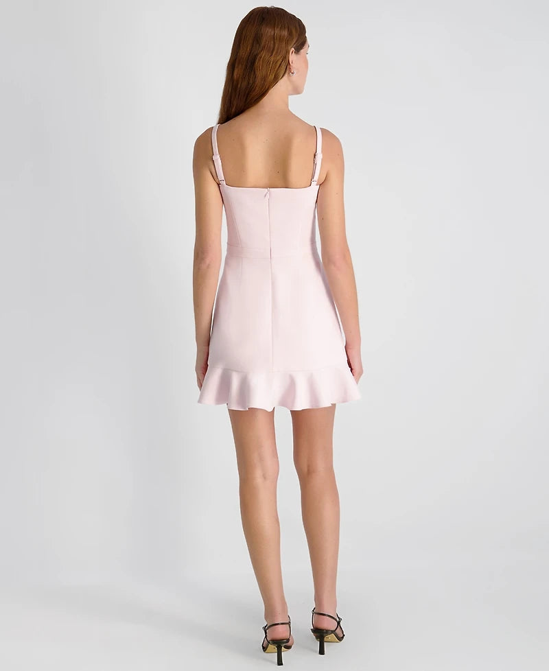 French Connection Whisper Square Neck Frill Hem Mini Dress in Pink Icing