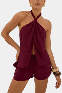 Runaway The Label Koah Knotted Front Split Top & Shorts Set