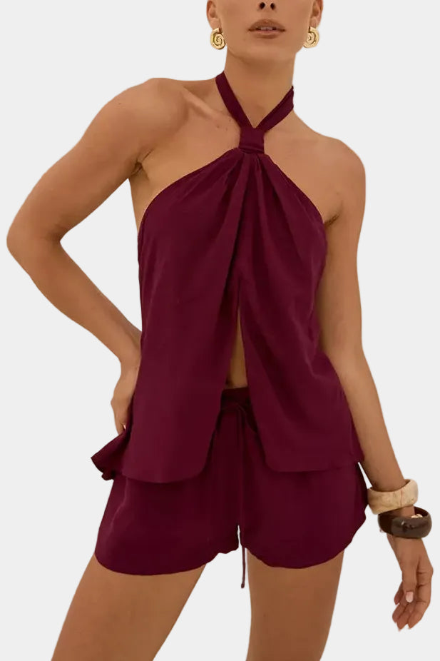 Runaway The Label Koah Knotted Front Split Top & Shorts Set
