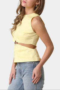 Liz Sleeveless Cut Out Linen Top in Butter