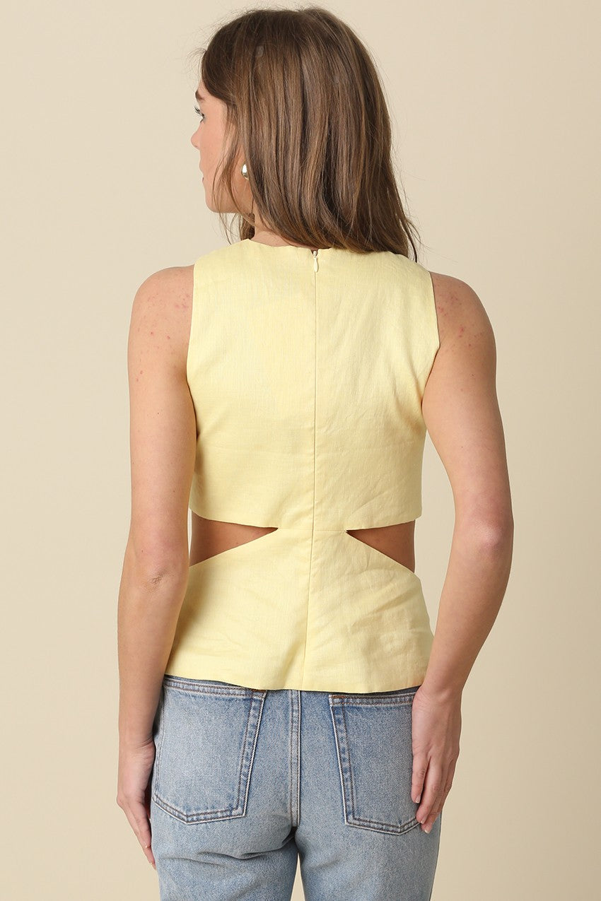 Liz Sleeveless Cut Out Linen Top in Butter
