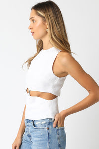 Liz Sleeveless Cut Out Linen Top in White