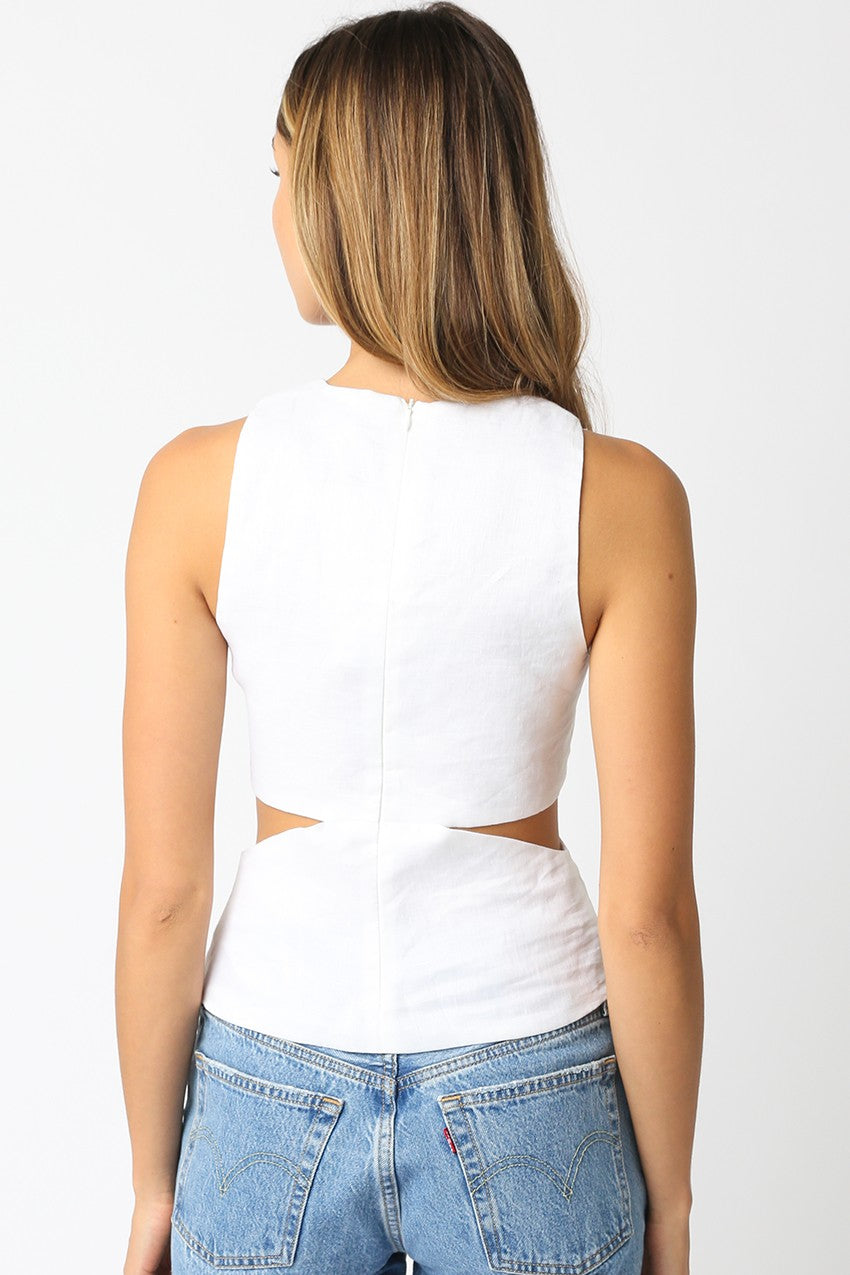 Liz Sleeveless Cut Out Linen Top in White
