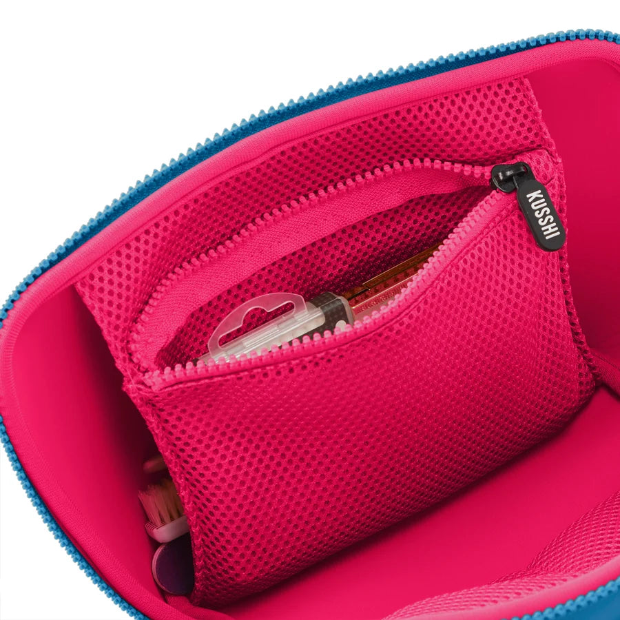 KUSSHI Neoprene Makeup Bag in Midnight Teal/Raspberry