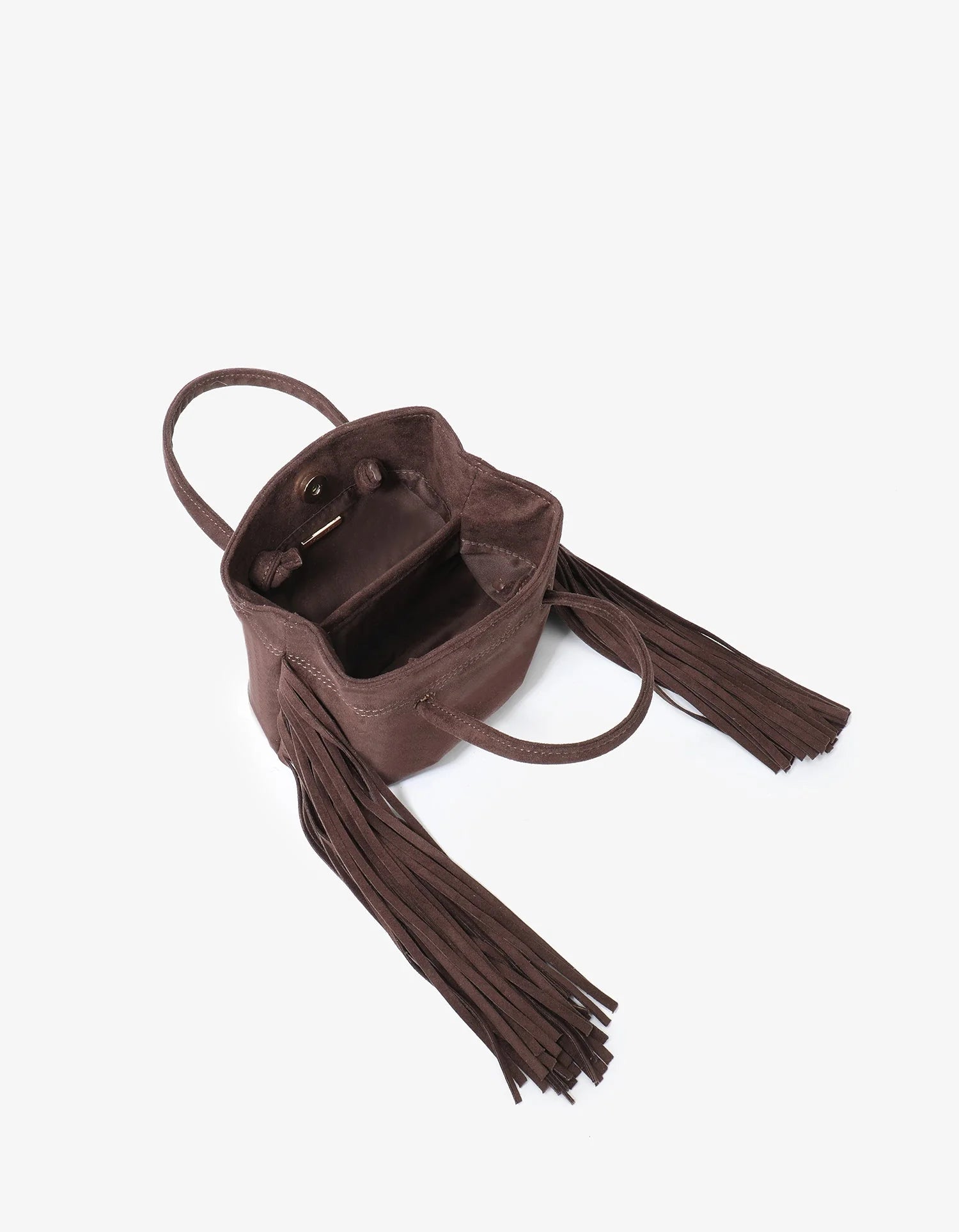 REMI/REID Noe Fringe Faux Suede Short Bag in Chocolate