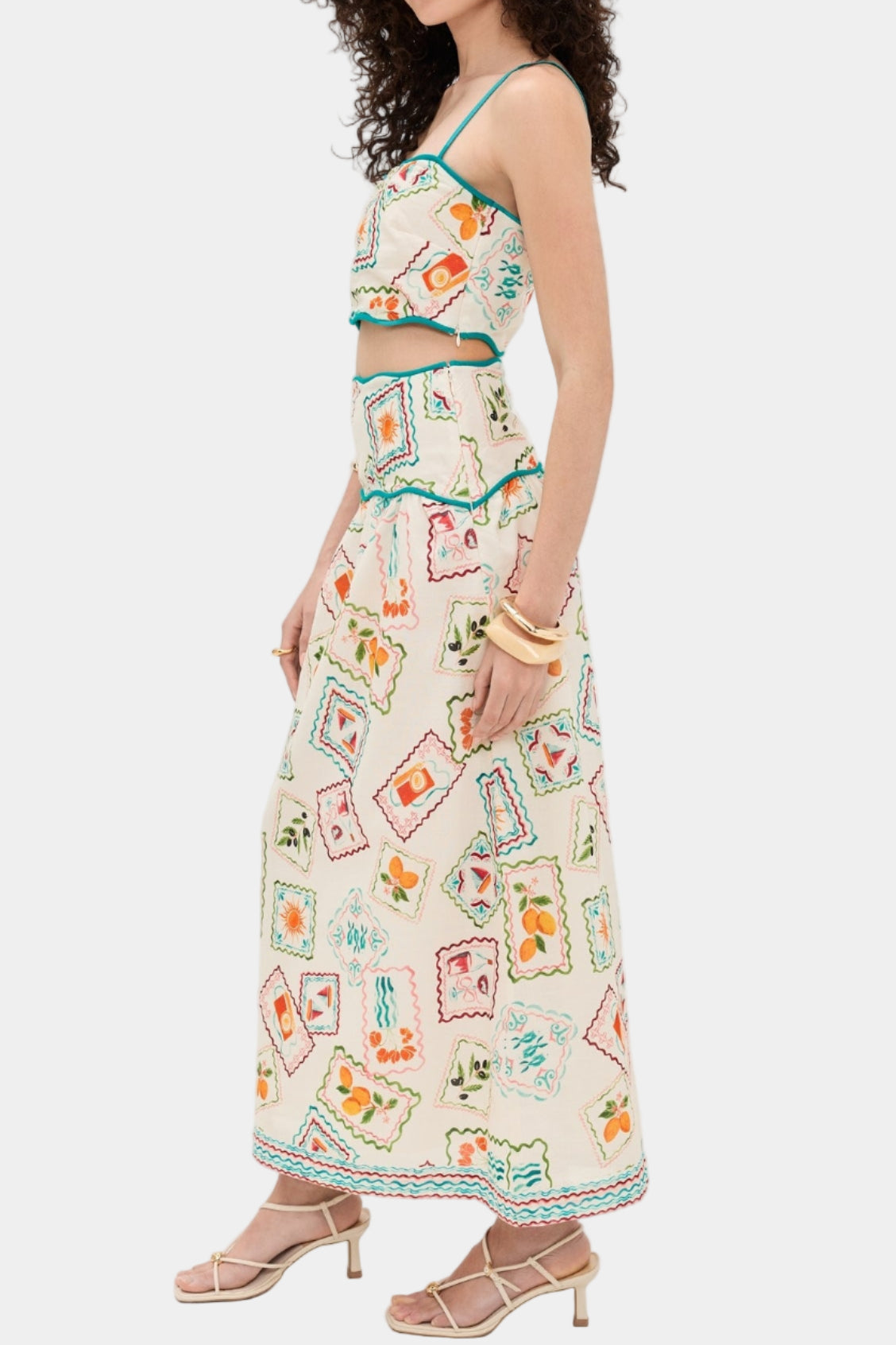 Saylor Tashi Stamp Print Linen Midi Skirt Set