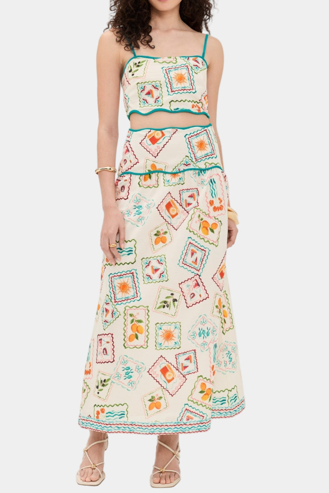 Saylor Tashi Stamp Print Linen Midi Skirt Set