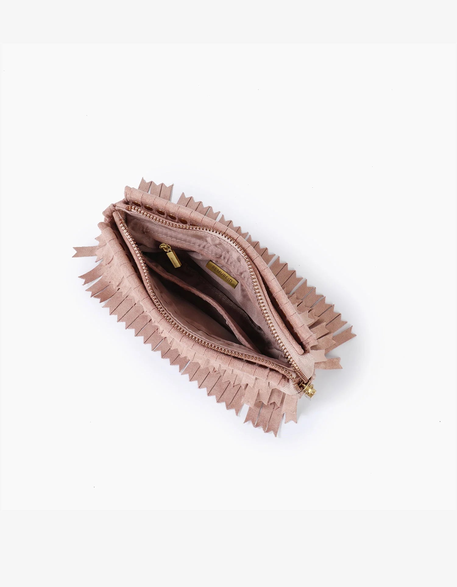 REMI/REID Vassel Fringe Faux Suede Clutch Bag in Foundation