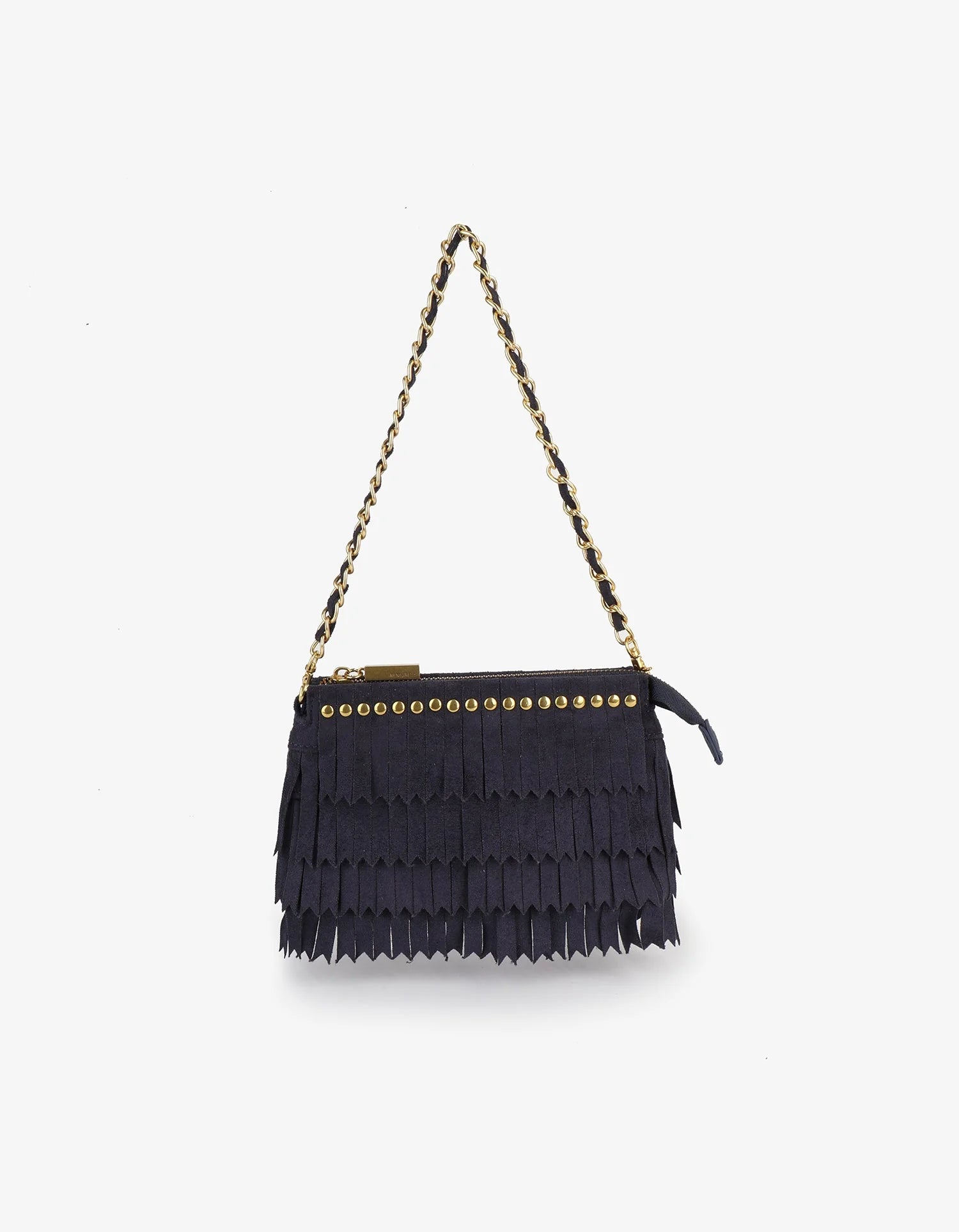 REMI/REID Vassel Fringe Faux Suede Clutch Bag in Navy