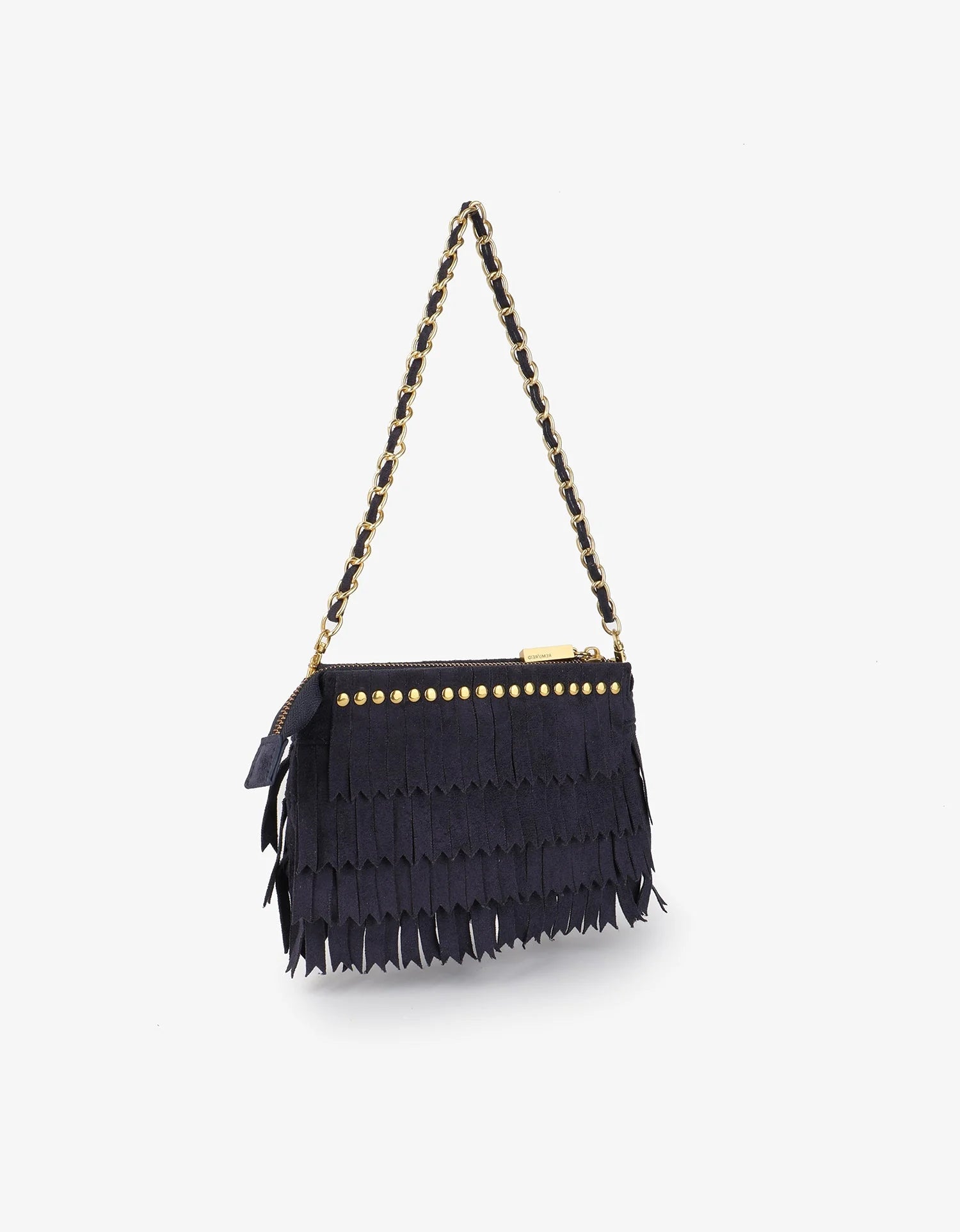 REMI/REID Vassel Fringe Faux Suede Clutch Bag in Navy