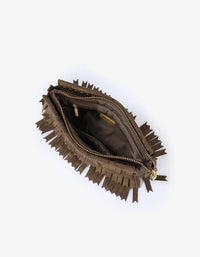 REMI/REID Vassel Fringe Faux Suede Clutch Bag in Olive