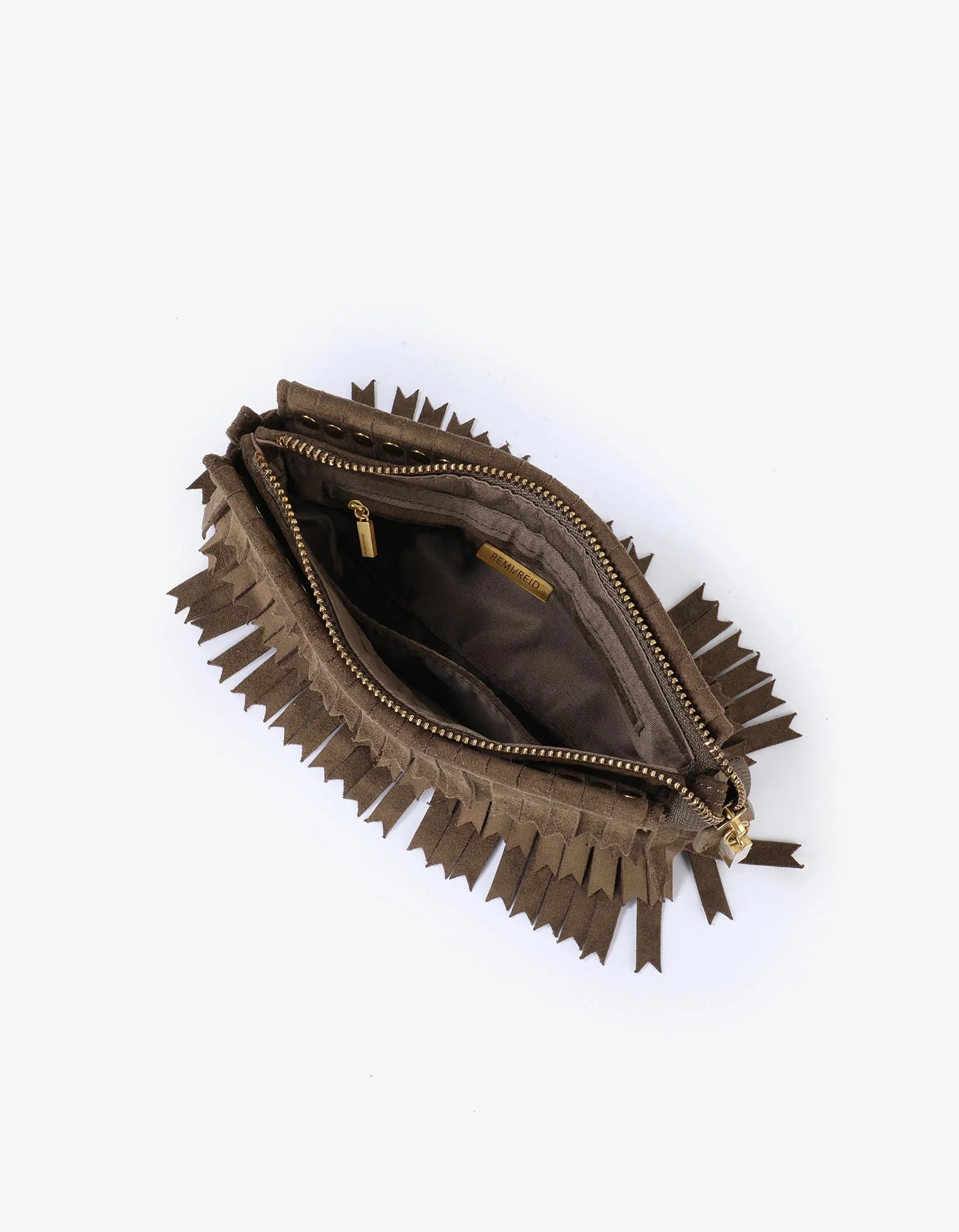 REMI/REID Vassel Fringe Faux Suede Clutch Bag in Olive