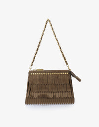 REMI/REID Vassel Fringe Faux Suede Clutch Bag in Olive