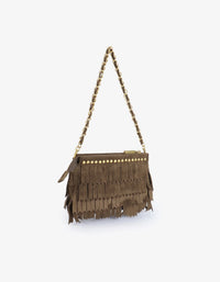 REMI/REID Vassel Fringe Faux Suede Clutch Bag in Olive