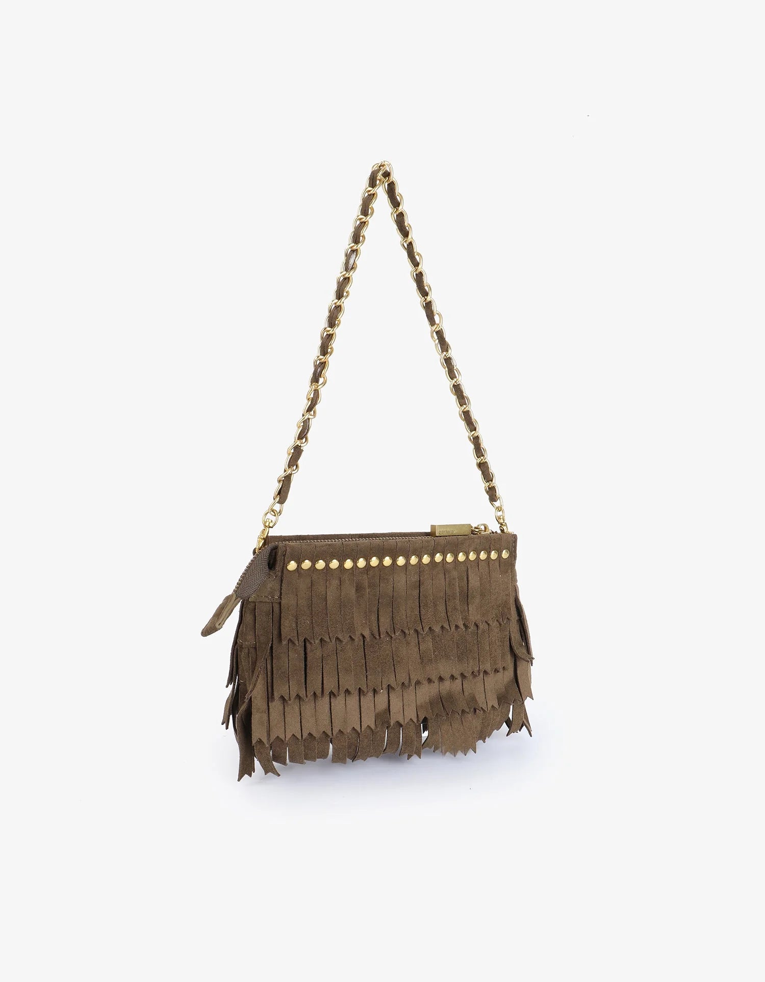 REMI/REID Vassel Fringe Faux Suede Clutch Bag in Olive