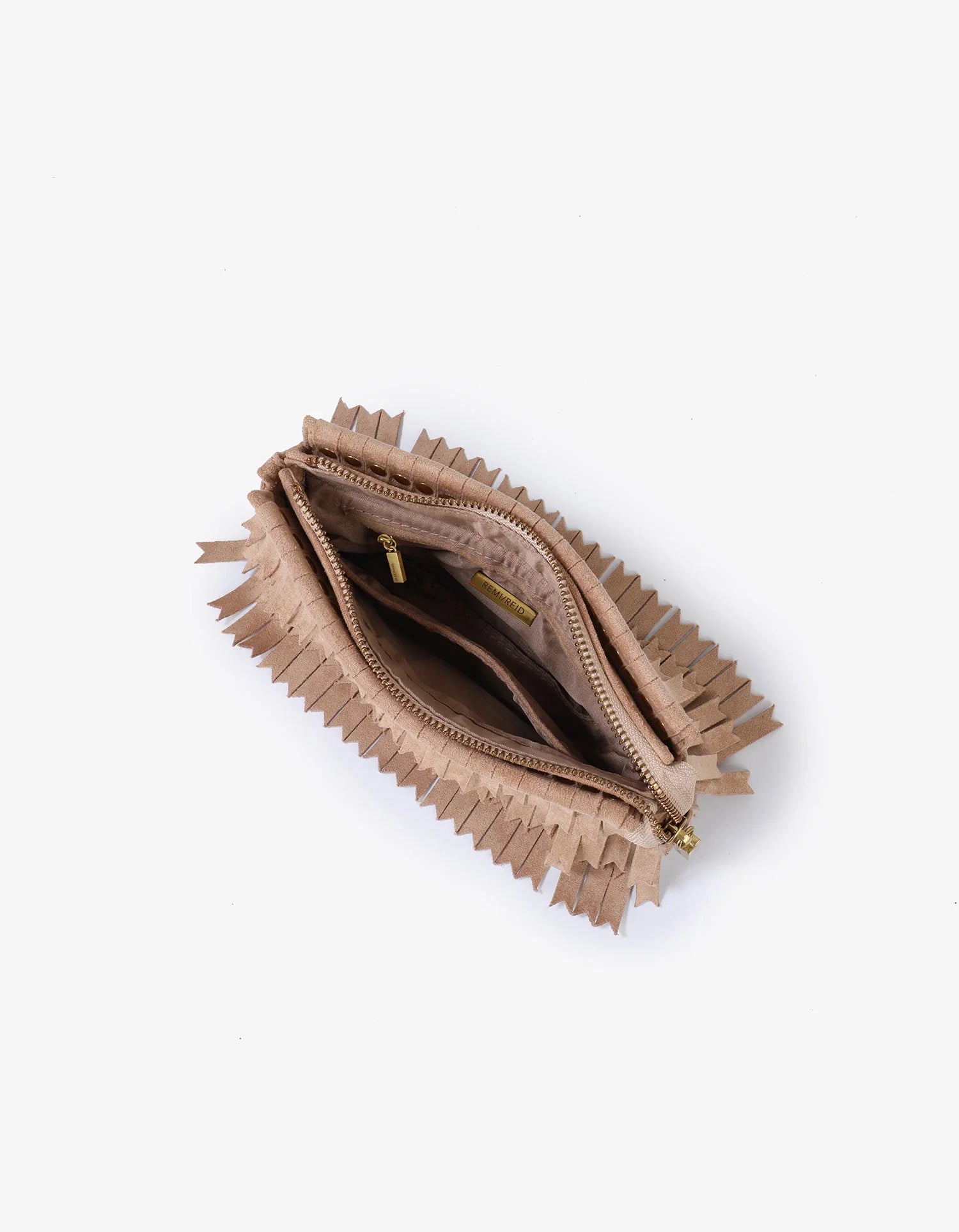 REMI/REID Vassel Fringe Faux Suede Clutch Bag in Tan