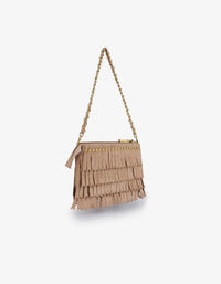 REMI/REID Vassel Fringe Faux Suede Clutch Bag in Tan